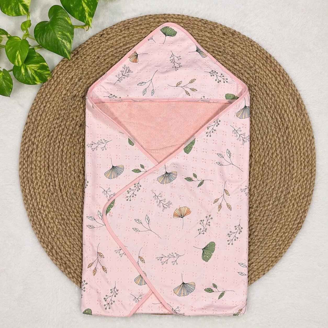 2in1 Baby Hooded Towel Soft Terry Cotton Cute Print Bath Wrap code:NBE  PINK FLORAL-Knitted Cotton