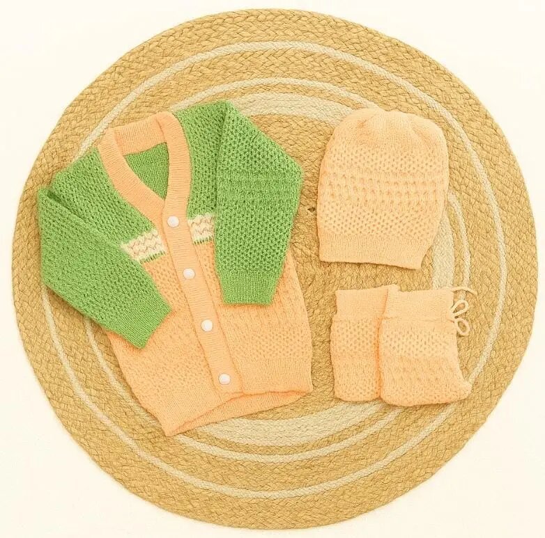 Newborn to 6 months Baby Unisex Woollen Knitted Sweater Set of 3 | Infant Winter Clothing- green with orange code:NBE