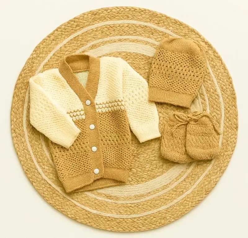 Newborn to 6 months Baby Unisex Woollen Knitted Sweater Set of 3 | Infant Winter Clothing-Cream with brown colour code:NBE