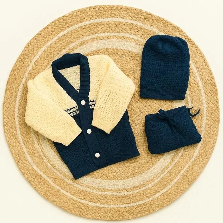 Newborn to 6 months Baby Unisex Woollen Knitted Sweater Set of 3 | Infant Winter Clothing-cream yellow with nevy blue code:NBE