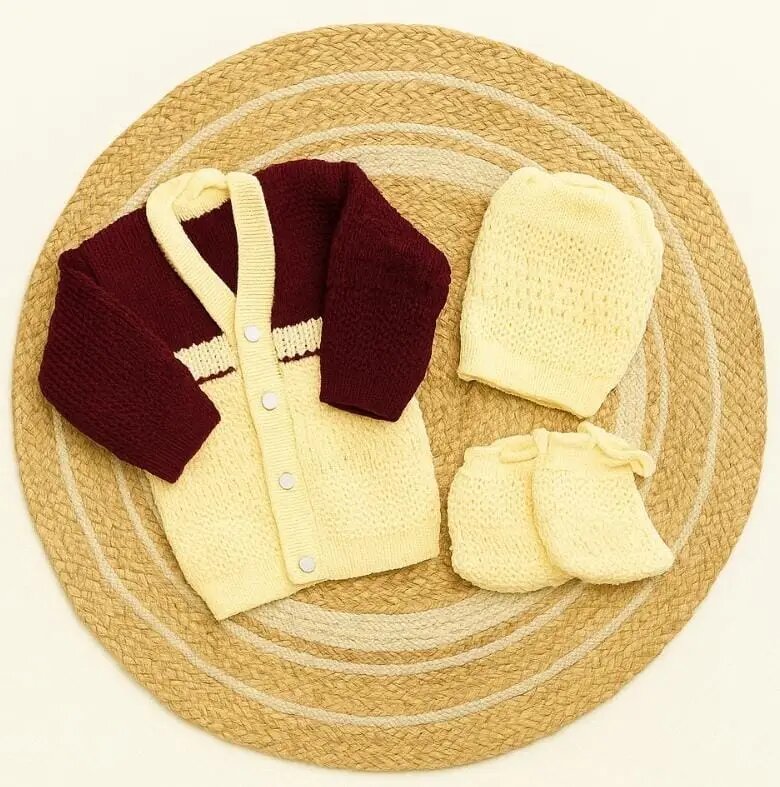 Newborn to 6 months Baby Unisex Woollen Knitted Sweater Set of 3 | Infant Winter Clothing- maroon with cream yellow code:NBE