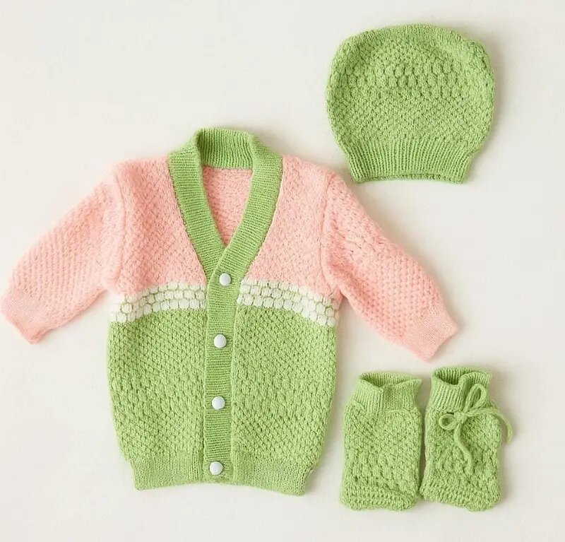 Newborn to 6 months Baby Unisex Woollen Knitted Sweater Set of 3 | Infant Winter Clothing- pink with green code:NBE