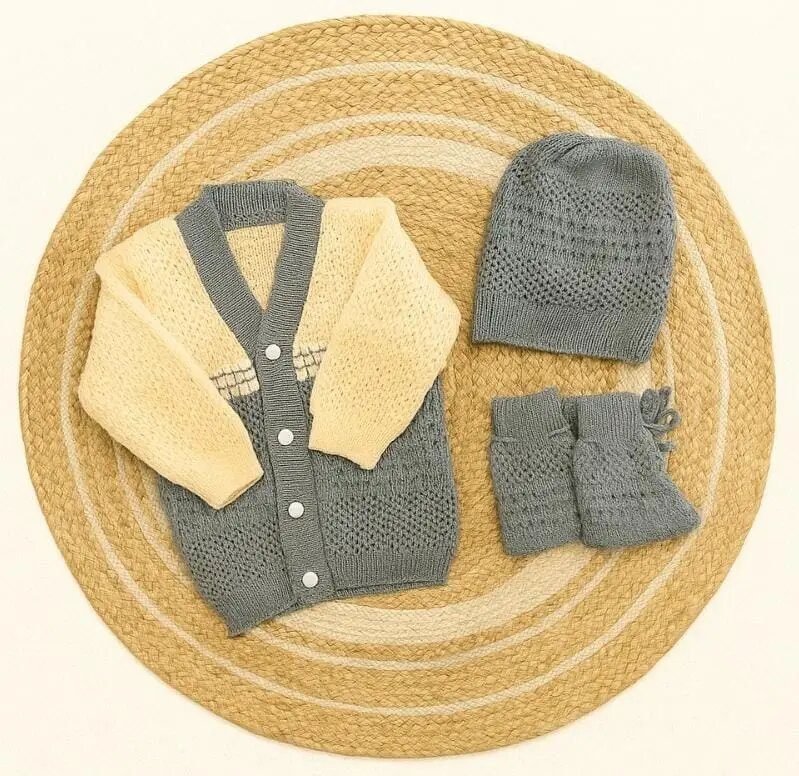 Newborn to 6 months Baby Unisex Woollen Knitted Sweater Set of 3 | Infant Winter Clothing-CREAM WITH GREY code:NBE