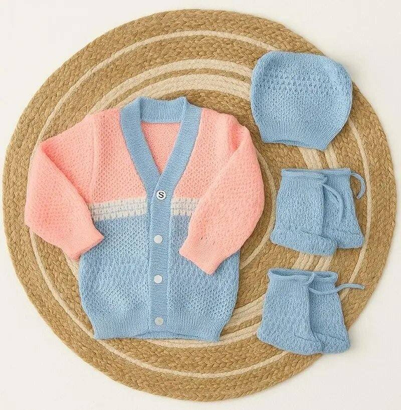 Newborn to 6-12months Baby Unisex Woollen Knitted Sweater Set of 3 | Infant Winter Clothing-pink with blue code:NBE