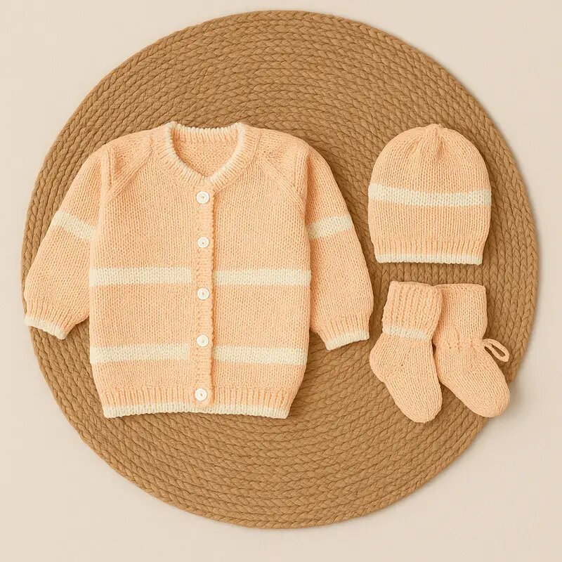 1 year and 2 year Baby Unisex Woollen Knitted Sweater Set of 3 | Infant Winter Clothing-LIGHT ORANGE-Knit