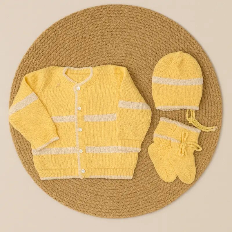 1 year and 2 year Baby Unisex Woollen Knitted Sweater Set of 3 | Infant Winter Clothing-YELLOW-Knit