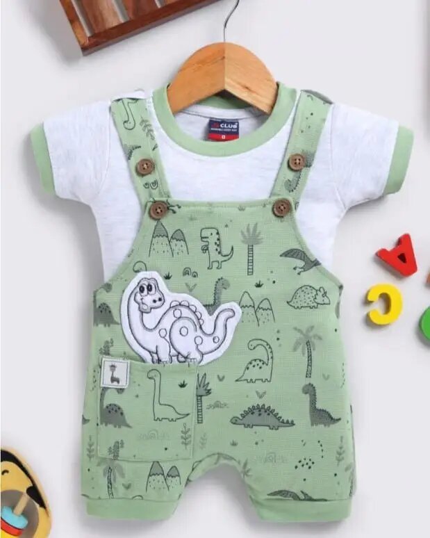 Soft Knitted Cotton Kids Dungaree – Trendy Outfit-GREEN DINO