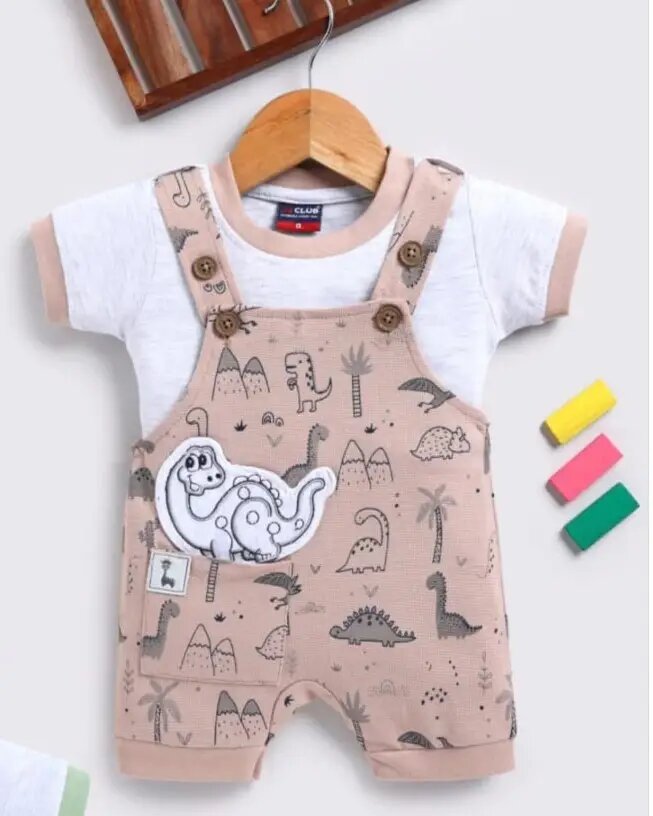 Soft Knitted Cotton Kids Dungaree – Trendy Outfit-BROWN DINO
