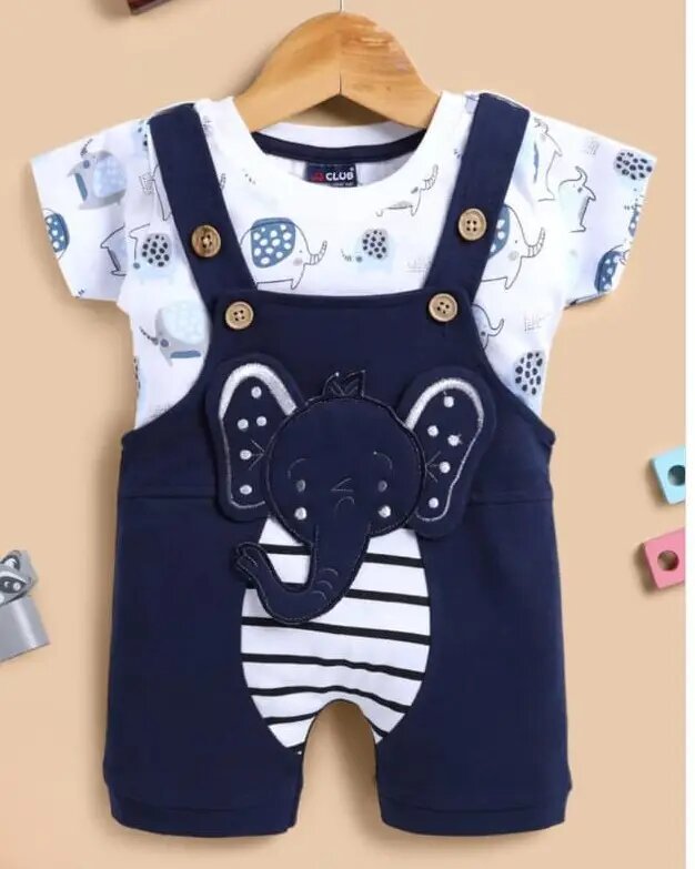 Soft Knitted Cotton Kids Dungaree – Trendy Outfit-NAVY ELEPHANT