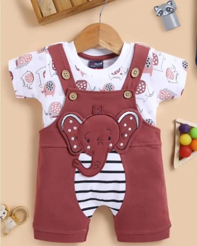 Soft Knitted Cotton Kids Dungaree – Trendy Outfit-MAROON ELEPHANT