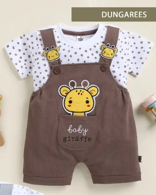 Soft Knitted Cotton Kids Dungaree – Trendy Outfit-BROWN GIRAFFE