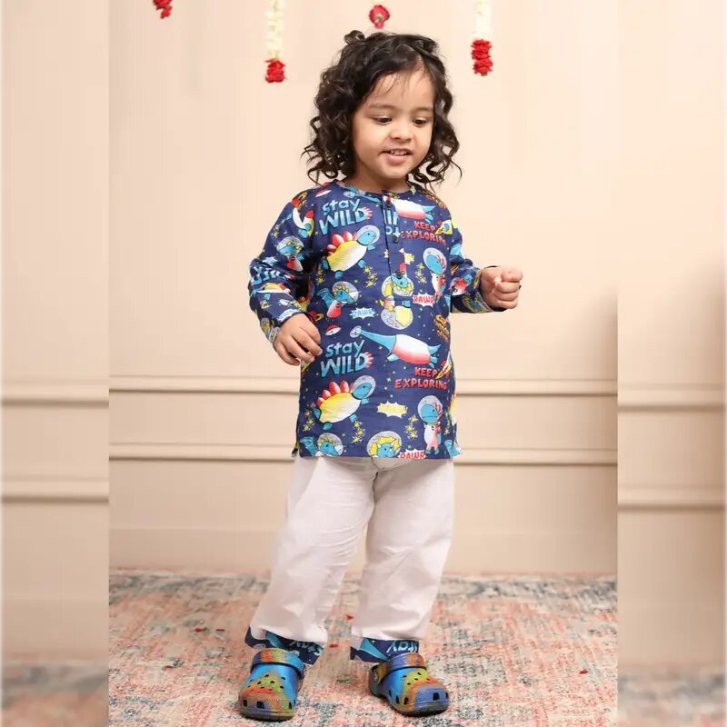 Polka Tots Space print Full Sleeve Kurta Pant - Blue and white