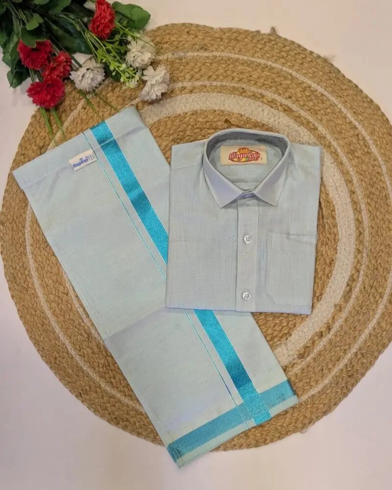 Boys Traditional Readymade Special Half Sleeve Shirt with Matching Zari Border Dhoti Sets.