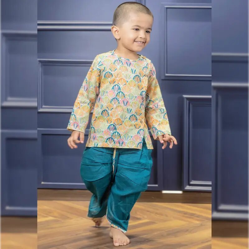 Polka Tots Full Sleeves Floral Print Angrakha with Dhoti - Blue