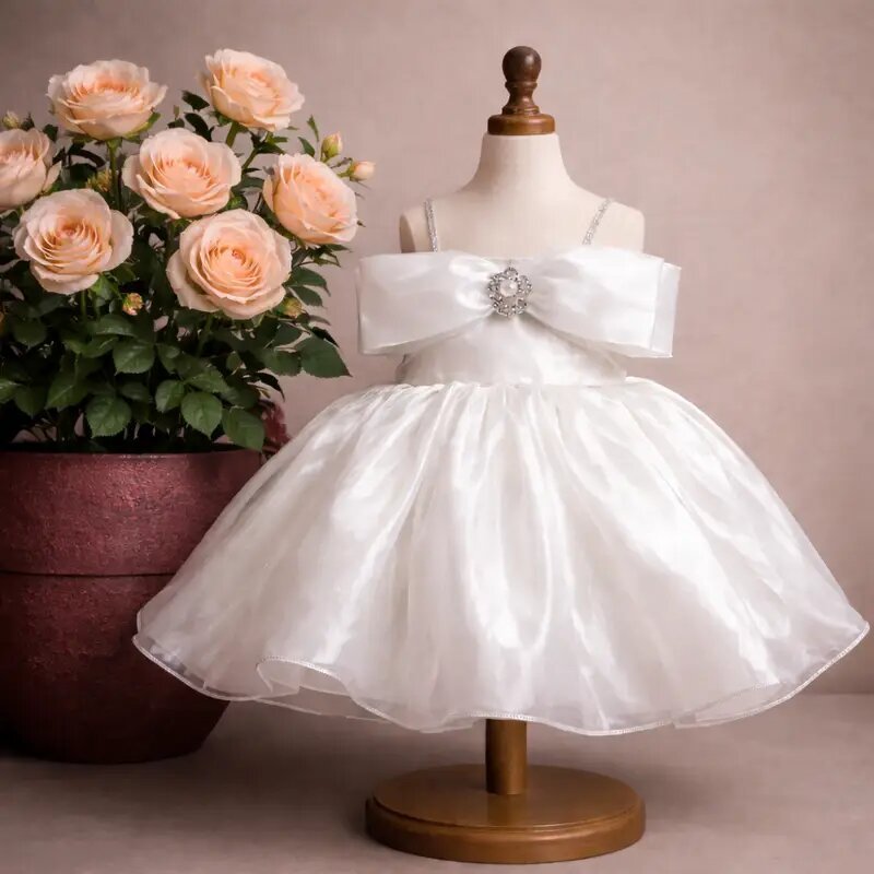 White Angle Satin frock Sleeves for Girls | Elegant  Dress for Kids | Stylish Sleeveless frock