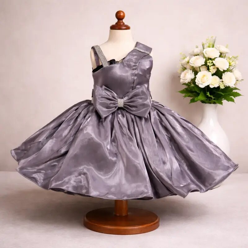 Silver With Grey Mix Stain Frock Sleeves for Girls | Elegant  Dress for Kids | Stylish Sleeveless frock