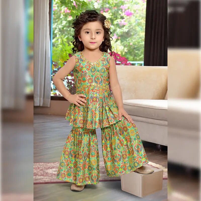 Party Wear floral print premium palazzo set alia cut design, sleevless with dupatta - Green