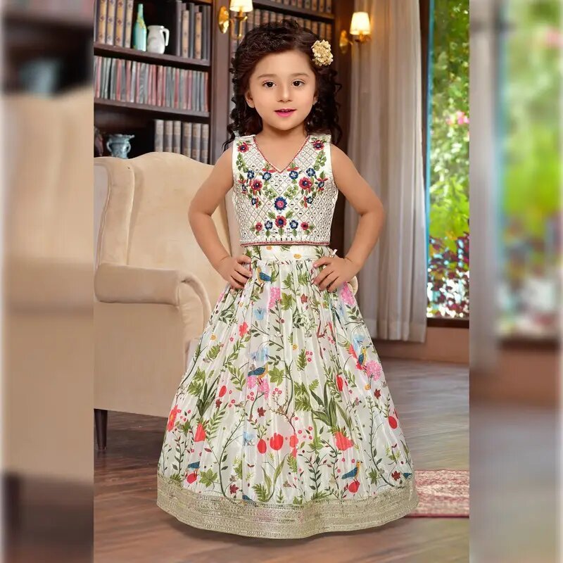 Party Wear premium lehenga choli with mirror embroidery top, bottom and dupatta - Half White