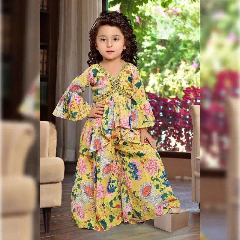 Party Wear floral print premium palazzo set alia cut design with dupatta - yellow
