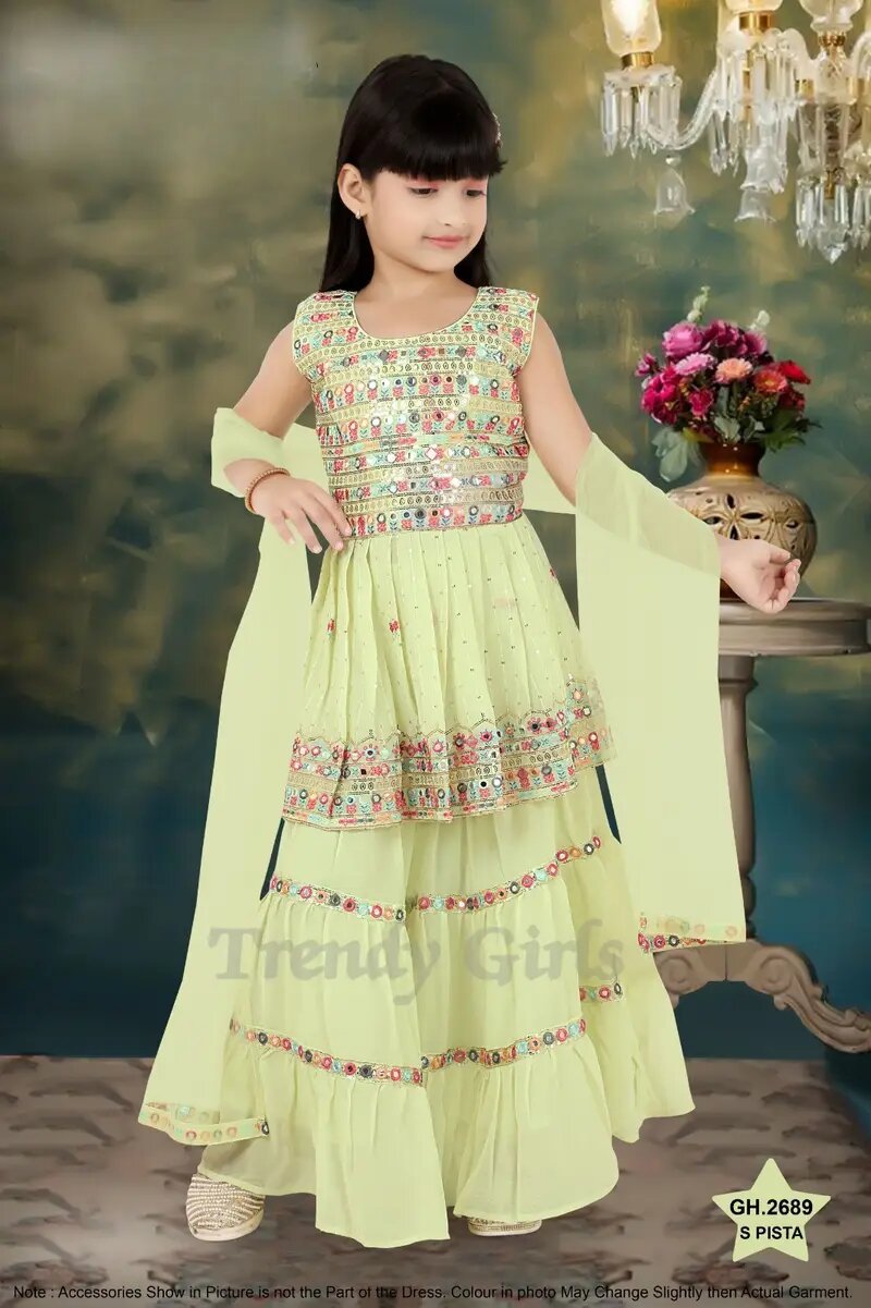 New Stylish Designer Sharara Suit with Frock Style Kurti / Palazzo Suit For Girls / Georgette  / Wedding Wear / Birthday Wear /  Party Wear dress. / light yellow.