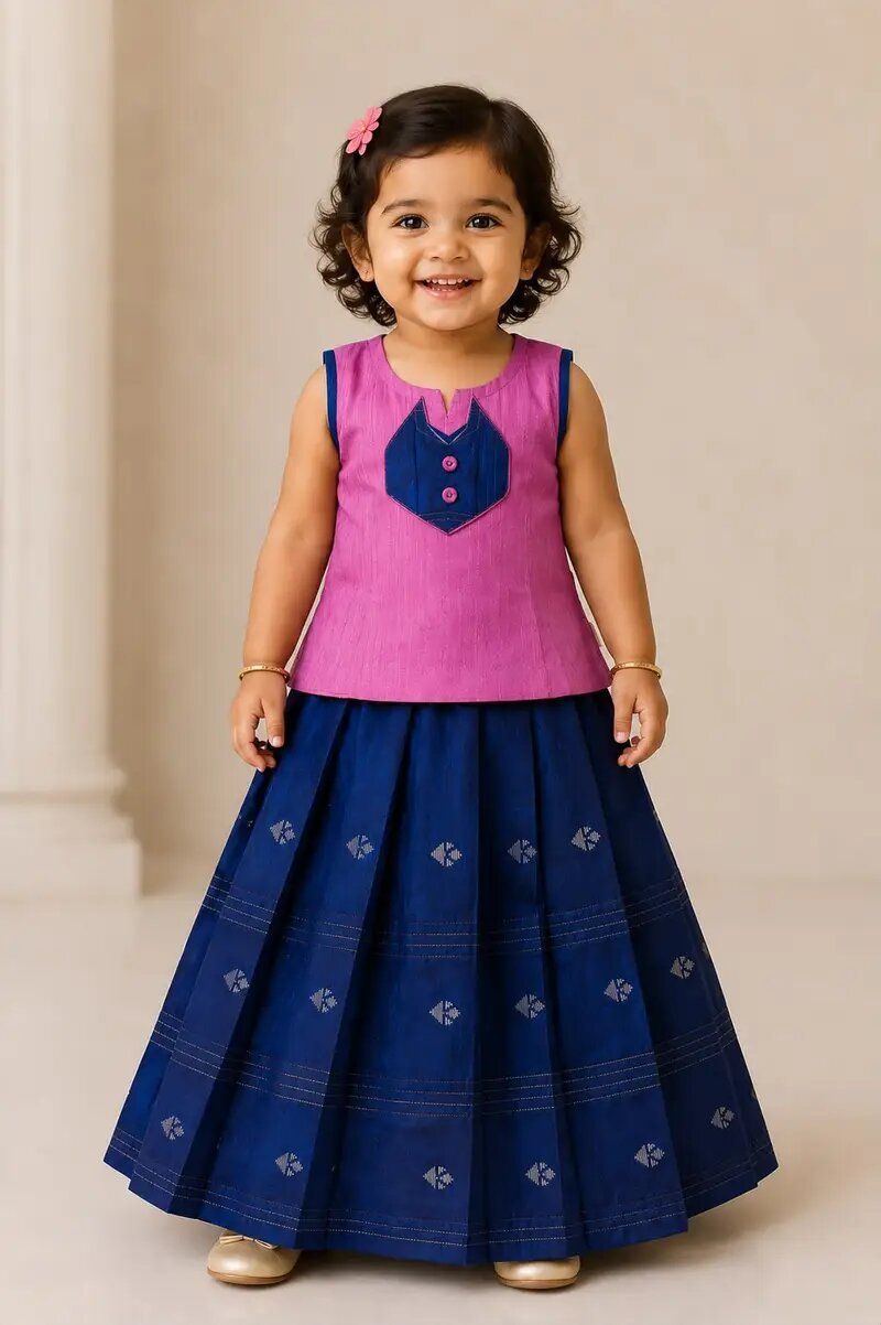 Premium Girls Traditional wear - Pattu pavadai sattai for girl babies -pink with blue