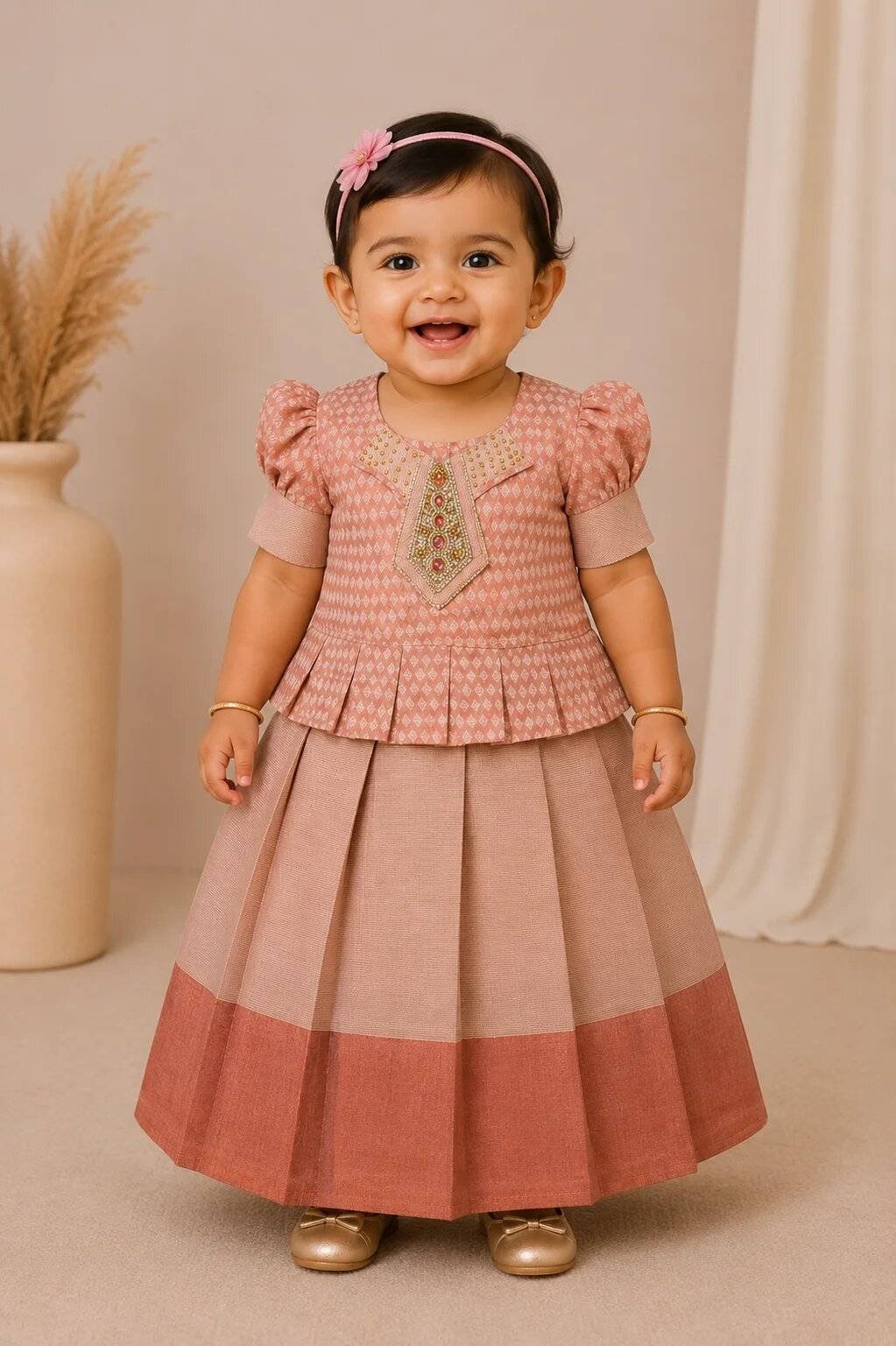 Premium Girls Traditional wear - Pattu pavadai sattai for girl babies -Copper
