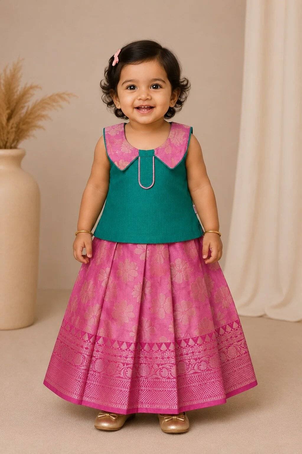 Premium Girls Traditional wear - Pattu pavadai sattai for girl babies -Dark Green with Pink