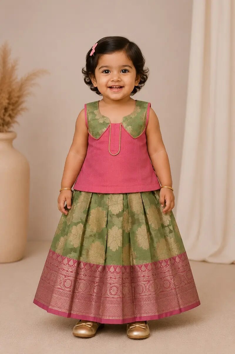 Premium Girls Traditional wear - Pattu pavadai sattai for girl babies -pink with green floral