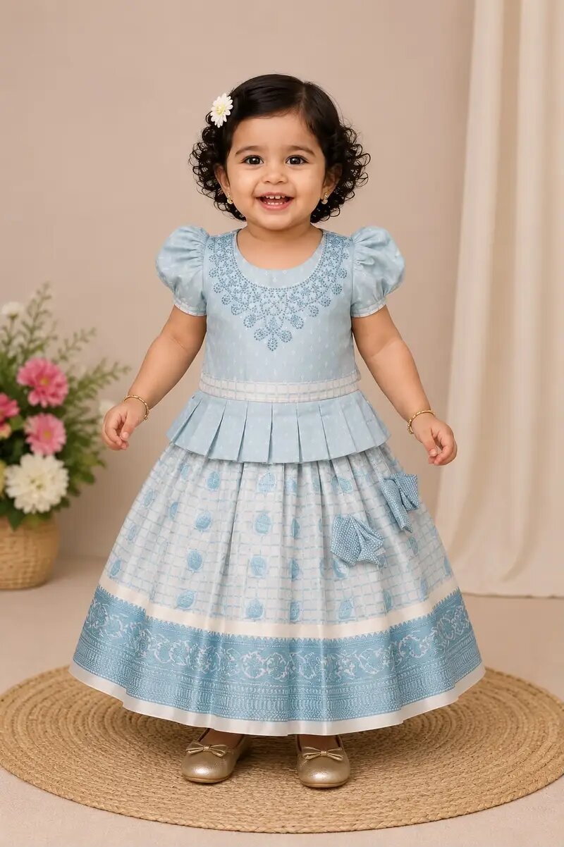 Premium Girls Traditional wear - Pattu pavadai sattai for girl babies -Turkish Blue