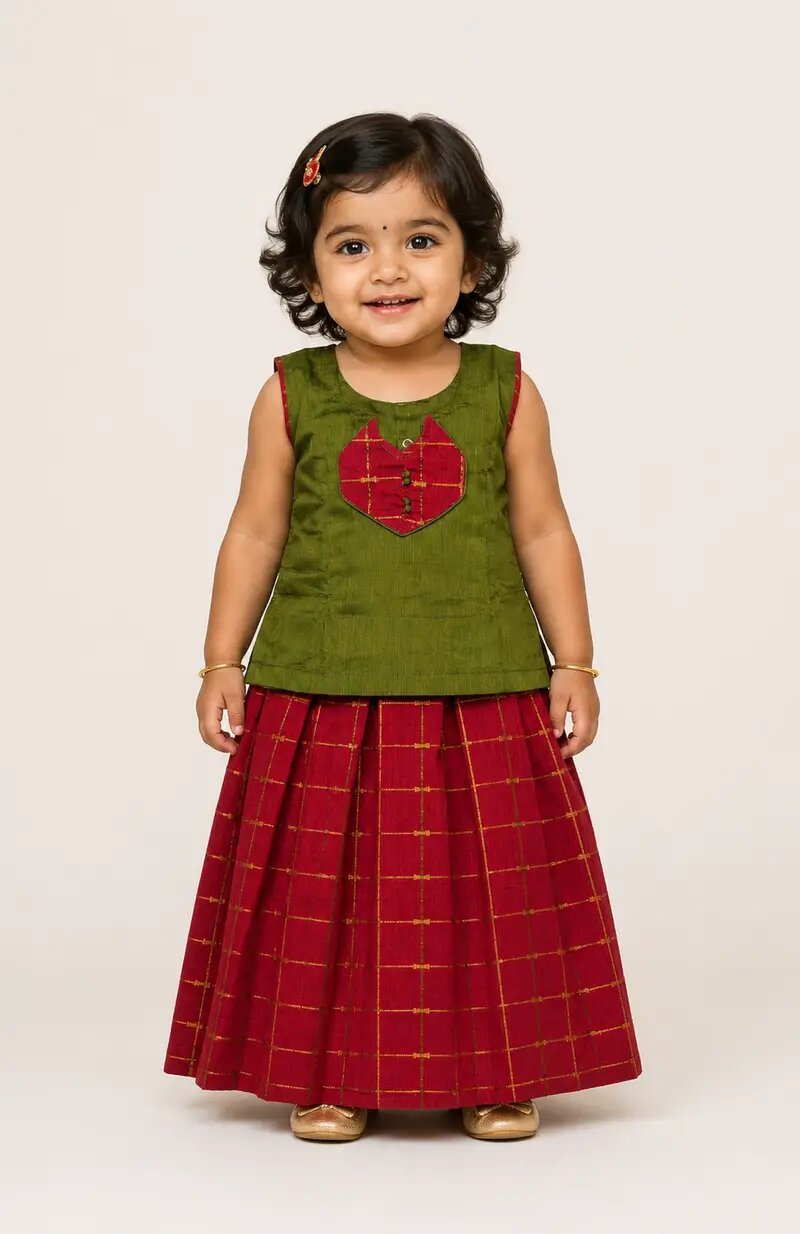 Premium Girls Traditional  wear - Cotton Pattu pavadai sattai for girl babies -Green with Red