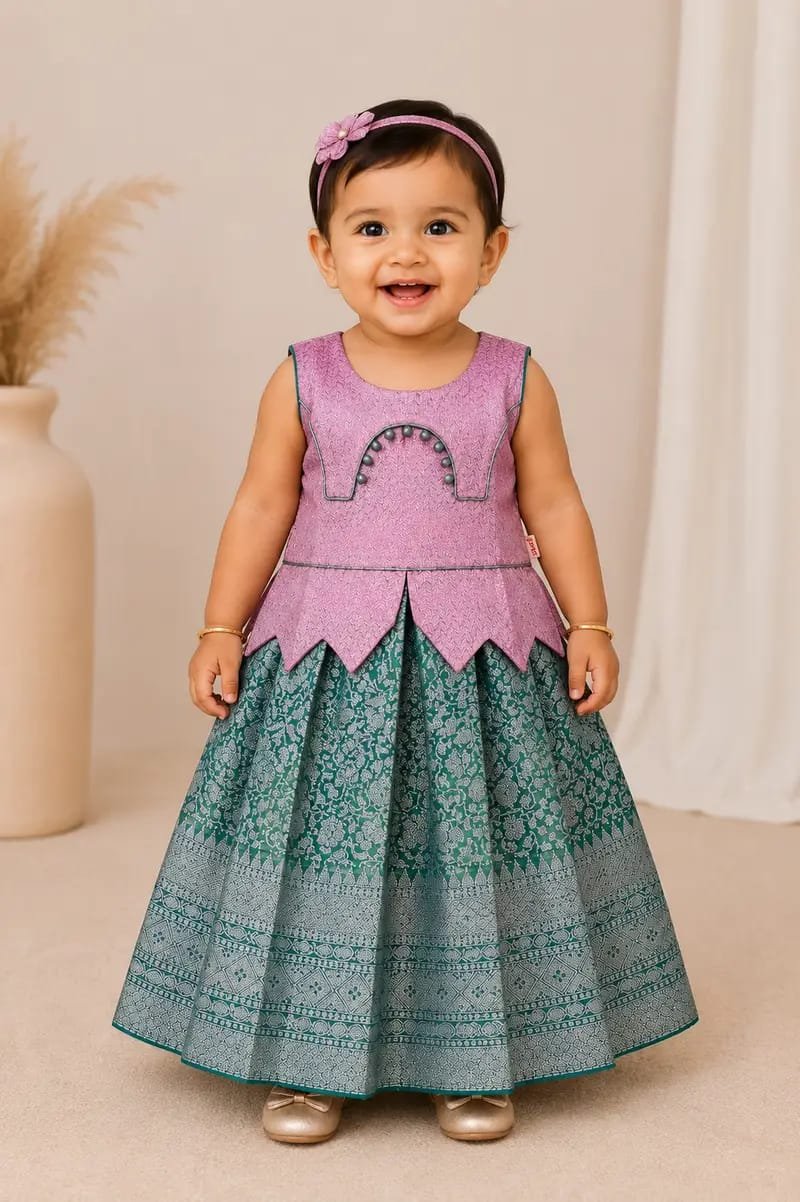 Premium Girls Traditional wear - Pattu pavadai sattai for girl babies -Pink withGreen