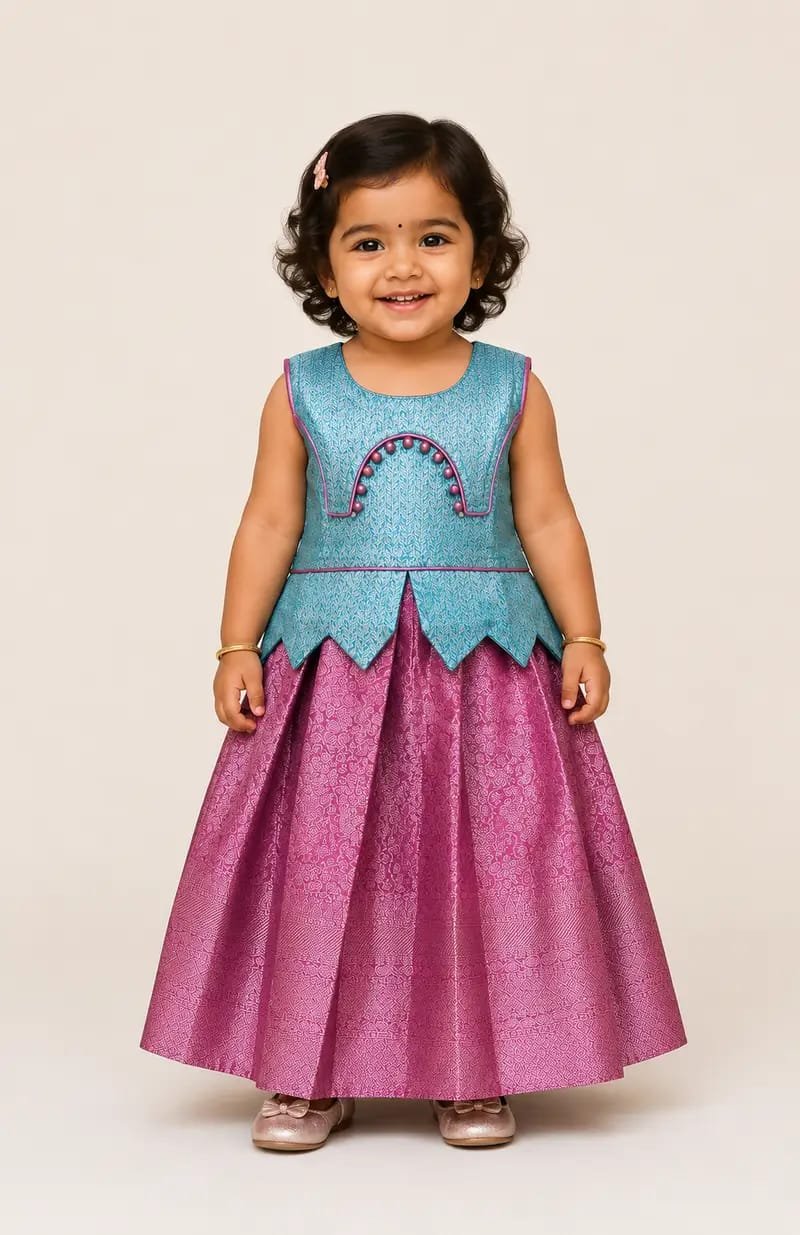 Premium Girls Traditional wear - Pattu pavadai sattai for girl babies -Sea Green with Pink