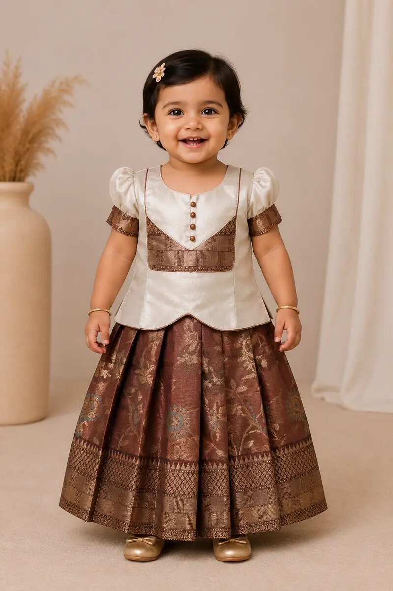 Premium Girls Traditional wear - Pattu pavadai sattai for girl babies -Maroon with silver