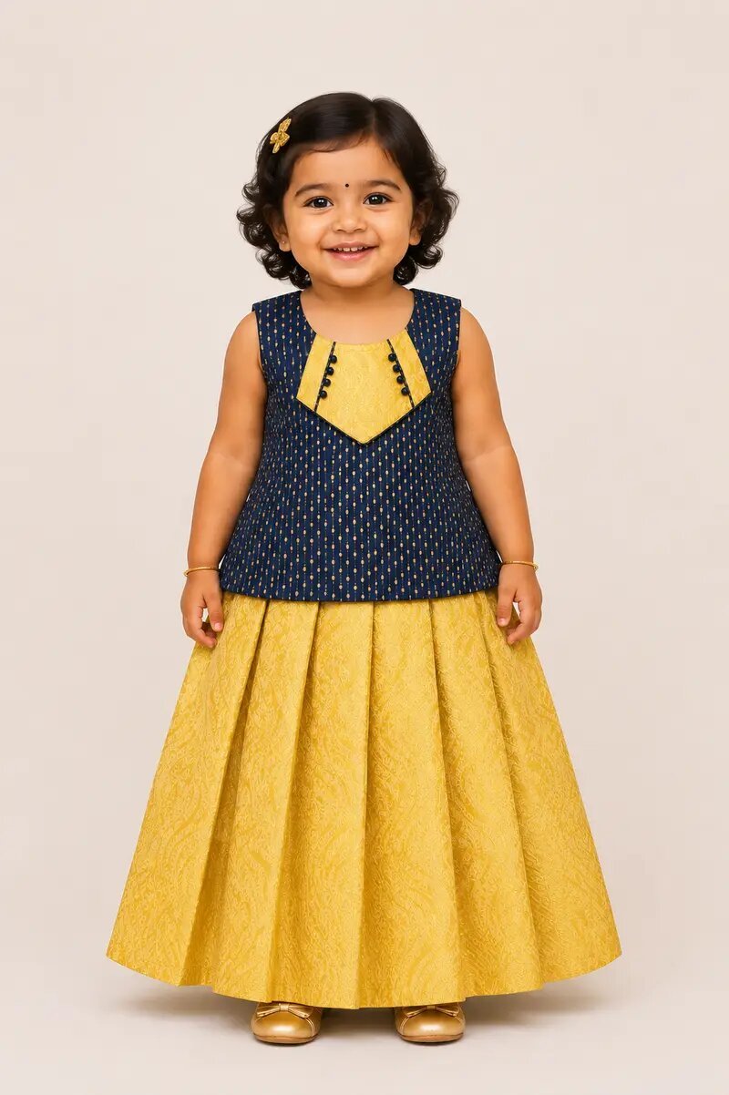Premium Girls Traditional wear - Pattu pavadai sattai for girl babies -Grey with gold