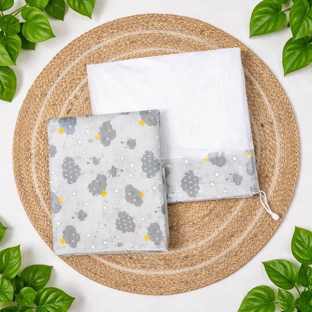 Cotton 3 Meter Baby Cradle Cloth with Side Head Cover & Matching Mosquito Net-Grey Sky code:NBE