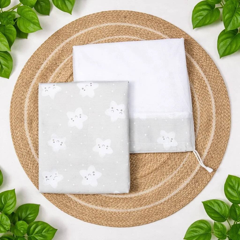 Premium Cotton 3 Meter Baby Cradle Cloth with Side Head Cover & Matching Mosquito Net-Grey Star code:NBE
