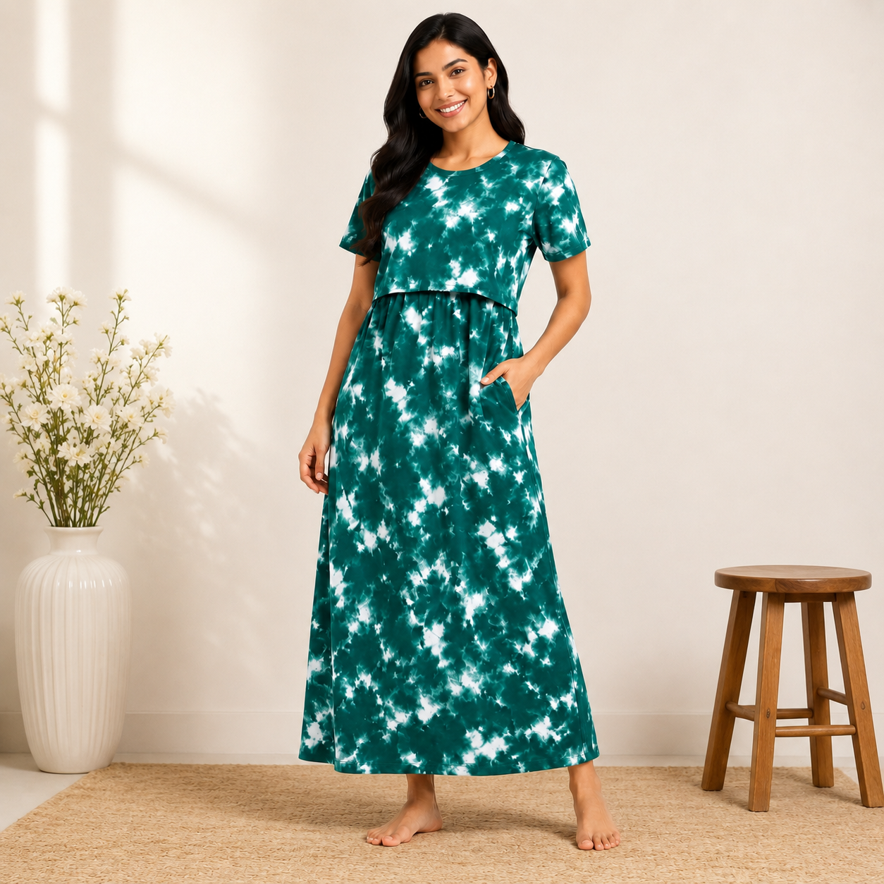 165-175 GsmPremium Quality Pure Knitted Cotton Feeding Lounge Wear Zipless type-Green with White
