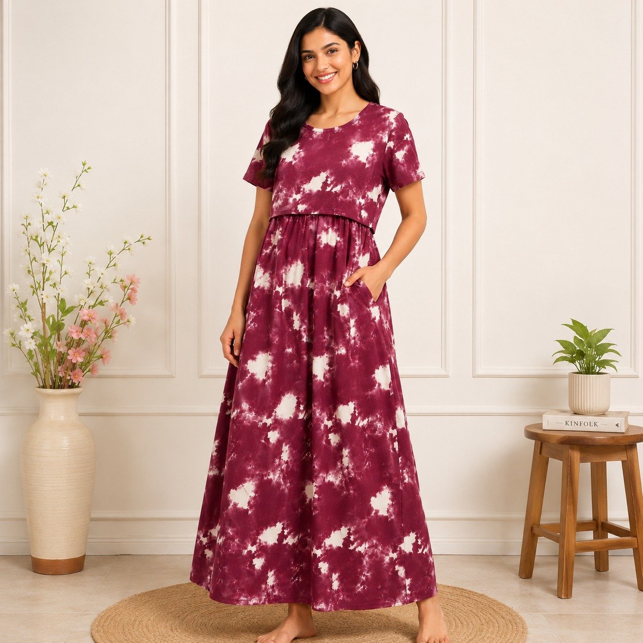 165-175 GsmPremium Quality Pure Knitted Cotton Feeding Lounge Wear Zipless type-Maroon with White