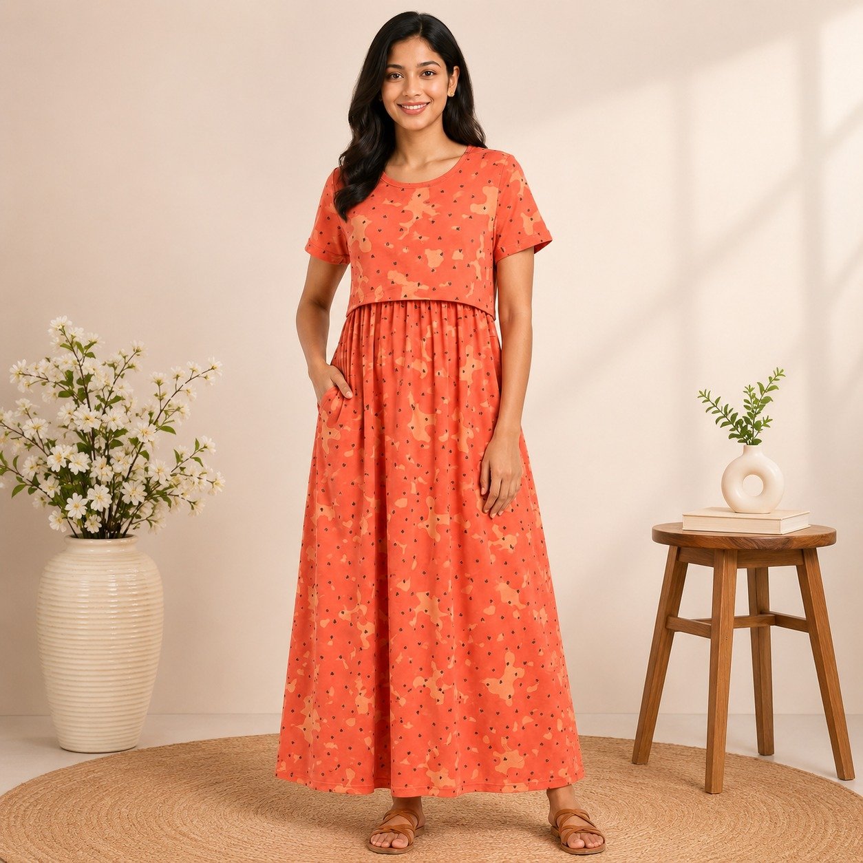165-175 gsmpremium quality pure knitted cotton feeding lounge wear zipless type-Orange with Little Hearts