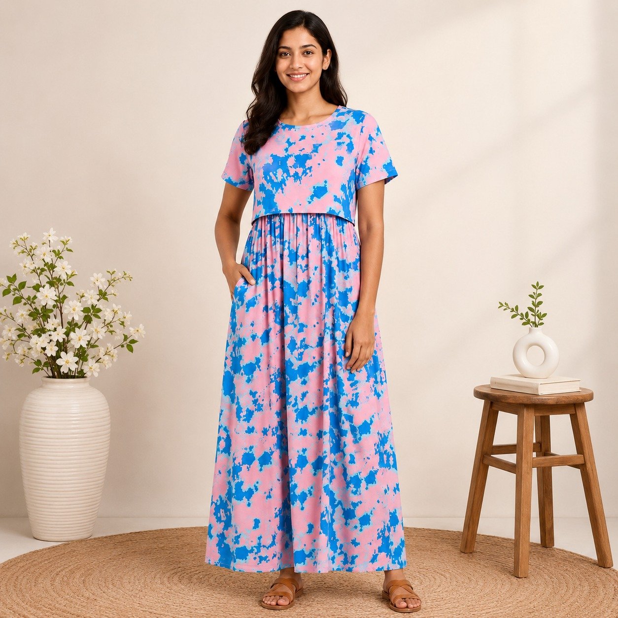 165-175 gsmpremium quality pure knitted cotton feeding lounge wear zipless type-Pink with Blue Mix