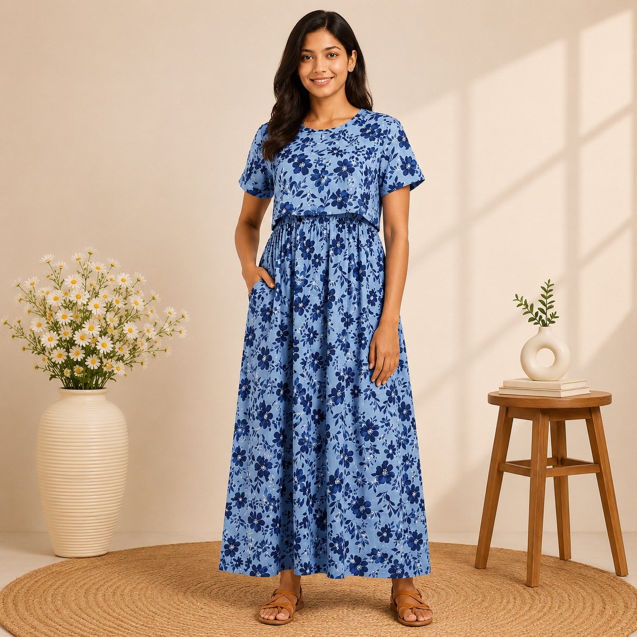 165-175 gsmpremium quality pure knitted cotton feeding lounge wear zipless type-Blue with navy Florals