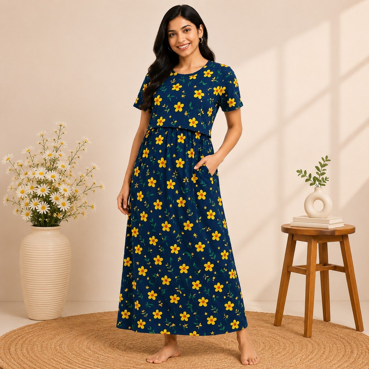 165-175 GsmPremium Quality Pure Knitted Cotton Feeding Lounge Wear Zipless type-Blue Yellow Floral