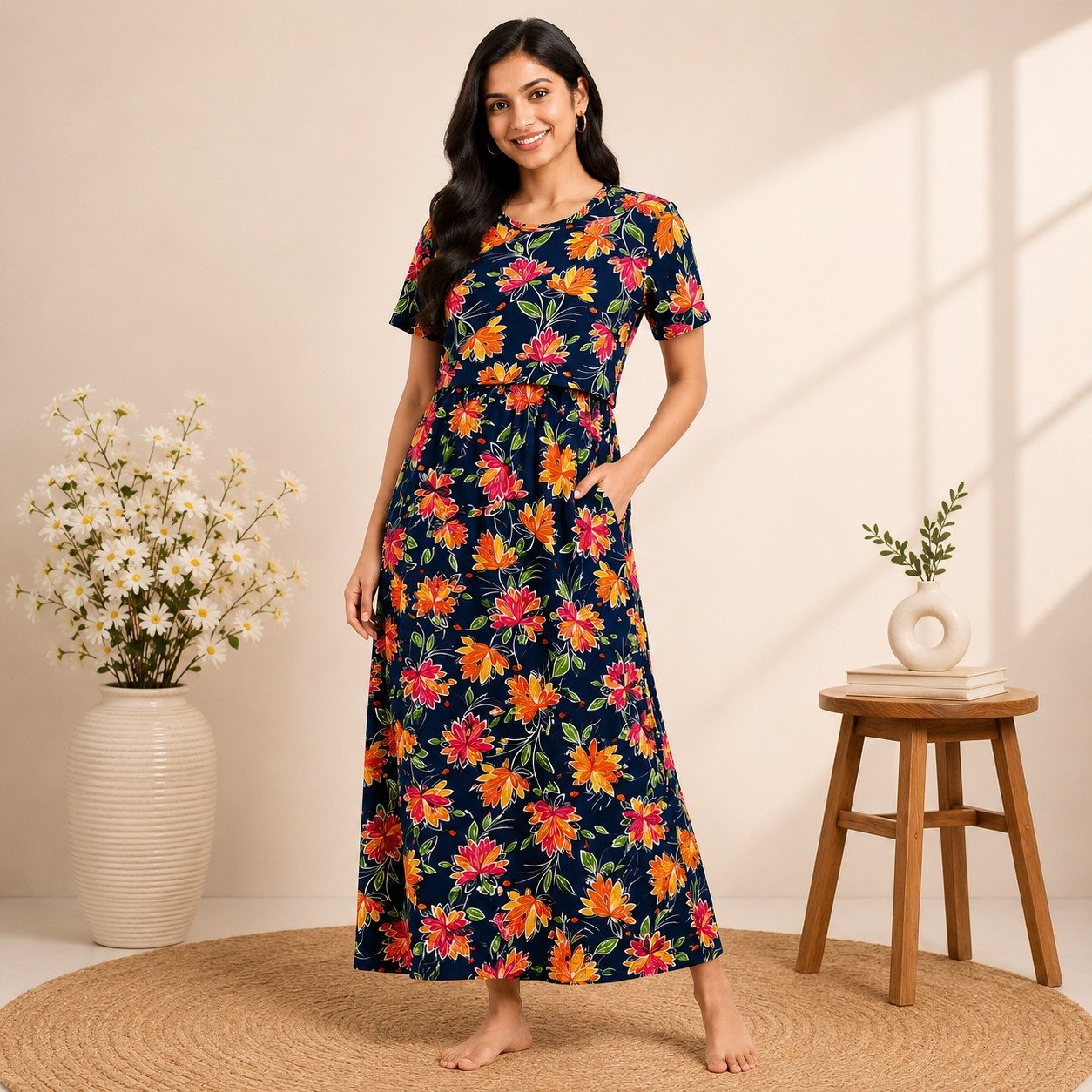 165-175 GsmPremium Quality Pure Knitted Cotton Feeding Lounge Wear Zipless type-Multi Floral