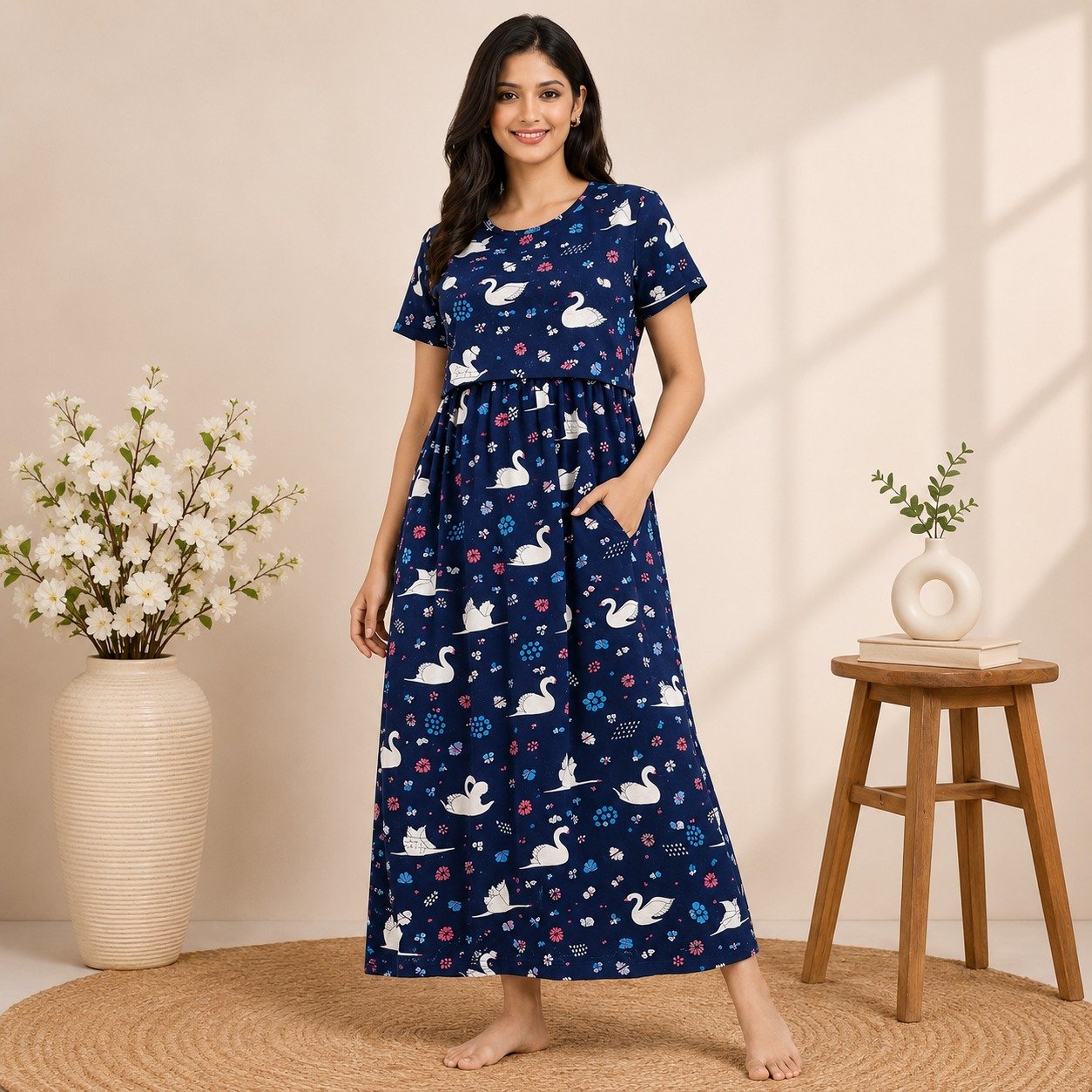 165-175 GsmPremium Quality Pure Knitted Cotton Feeding Lounge Wear Zipless type-Navy Blue Swan