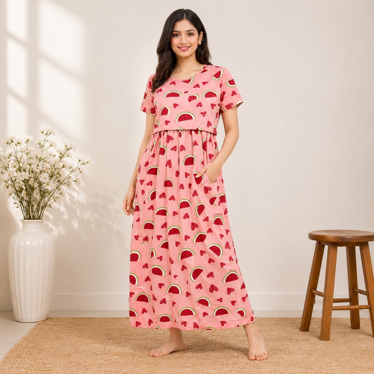 165-175 GsmPremium Quality Pure Knitted Cotton Feeding Lounge Wear Zipless type-PINK WATER MELON