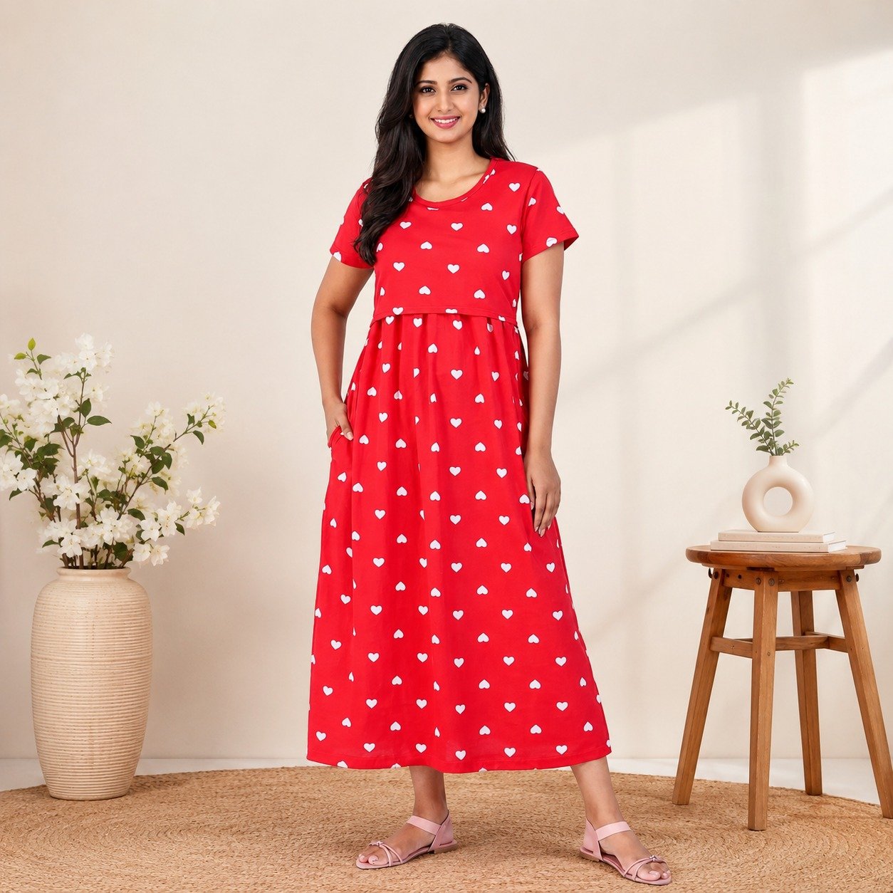 165-175 GsmPremium Quality Pure Knitted Cotton Feeding Lounge Wear Zipless type-RED HEARTS