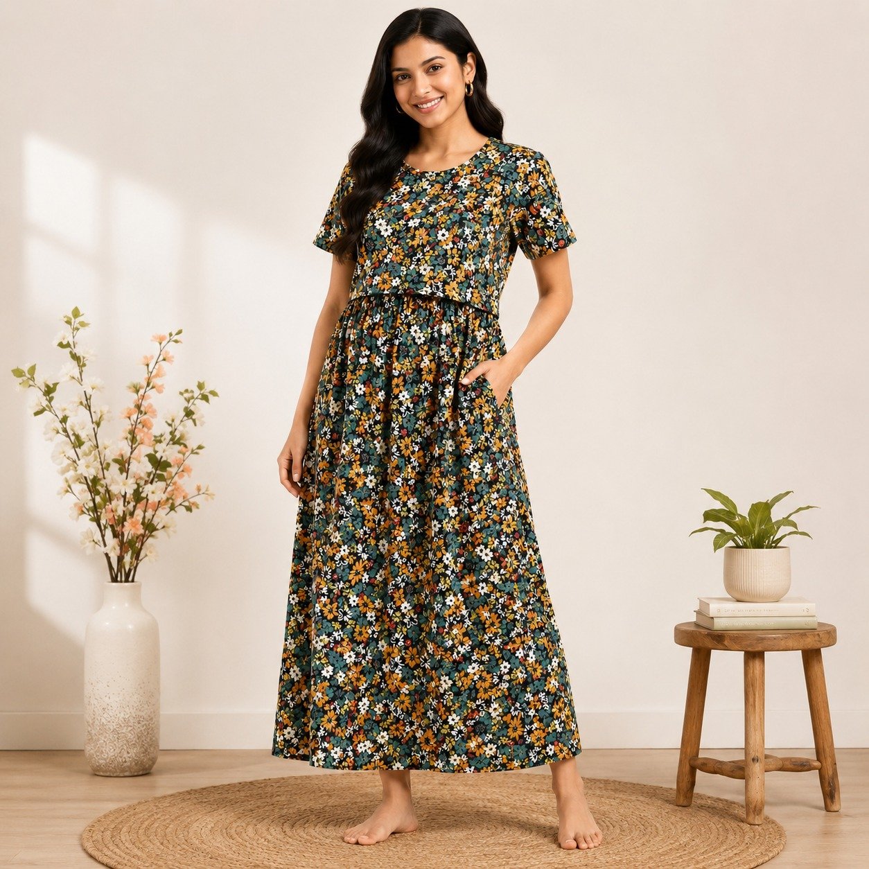 180+ Gsm  Premium Quality Pure Knitted Cotton Feeding Lounge Wear Zipless type - Multi Floral