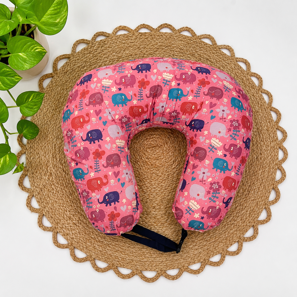 microfibre and pure kapok (ilavam panjju) feeding pillow for new moms (c type feeding pillow)-Pink Elephants