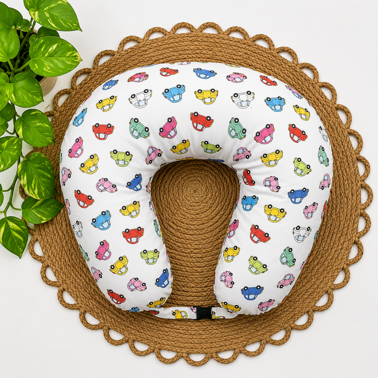 microfibre and pure kapok (ilavam panjju) feeding pillow for new moms (c type feeding pillow)-White with Multi Cars