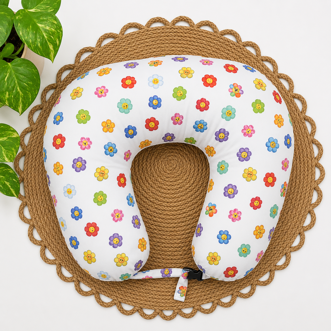 microfibre and pure kapok (ilavam panjju) feeding pillow for new moms (c type feeding pillow)-White Florals